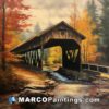 A painting of a covered bridge in autumn