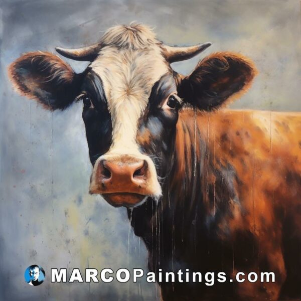 A painting of a cow in front of a grey background