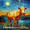 A painting of a cow standing by the ocean with a starry night over it