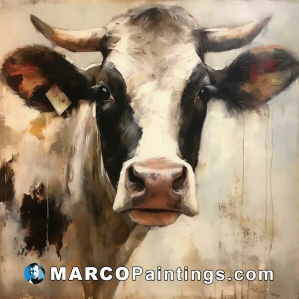 A painting of a cow with black and white ears