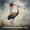 A painting of a crane standing next to a crane