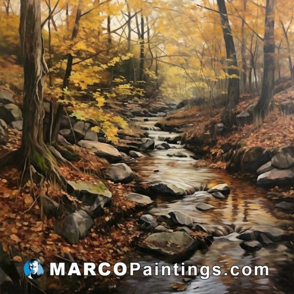 A painting of a creek in the woods with yellow leaves