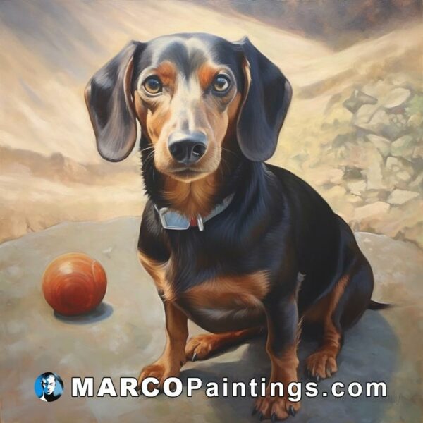A painting of a dachshund with a ball