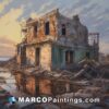 A painting of a damaged building at sunset