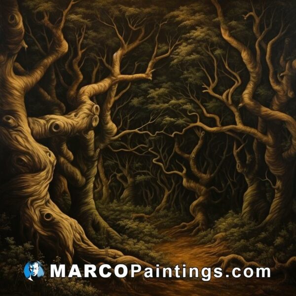 A painting of a dark area with trees