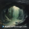 A painting of a dark cave with a river