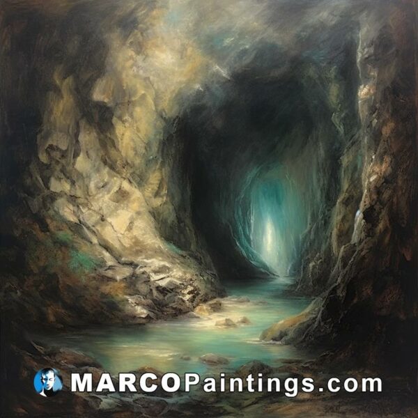 A painting of a dark cave with a waterfall