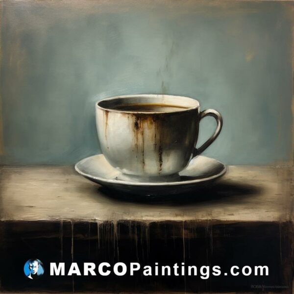 A painting of a dark coffee cup on top of a table