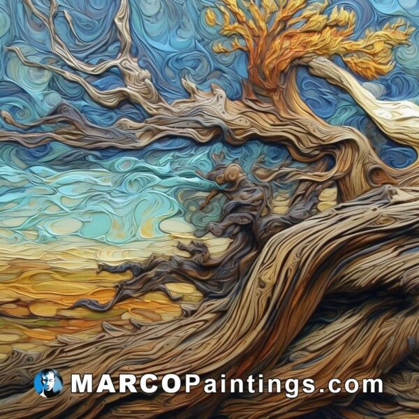 A painting of a decomposing tree on top of the ground
