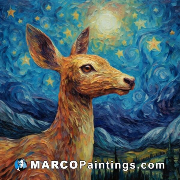 A painting of a deer against the starry night
