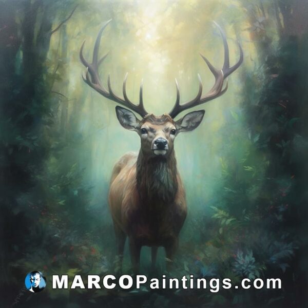 A painting of a deer in the forest