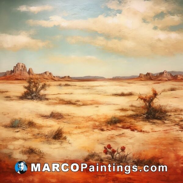 A painting of a desert in red with desert and landscape