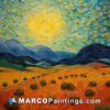 A painting of a desert with sunflowers in the sky