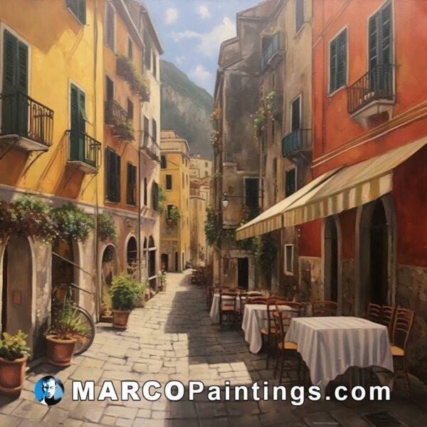 A painting of a dinning street in town where tables sit