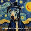A painting of a doberman with a top hat sitting under a starry sky