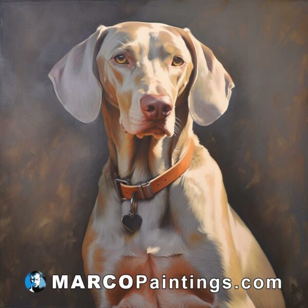 A painting of a dog sitting in a collar