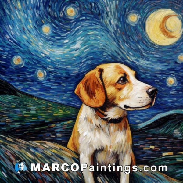 A painting of a dog under a starry sky
