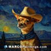 A painting of a dog wearing a cowboy hat with a starry background