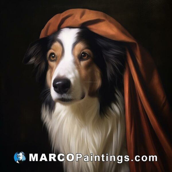 A painting of a dog with a red cloth covering its head