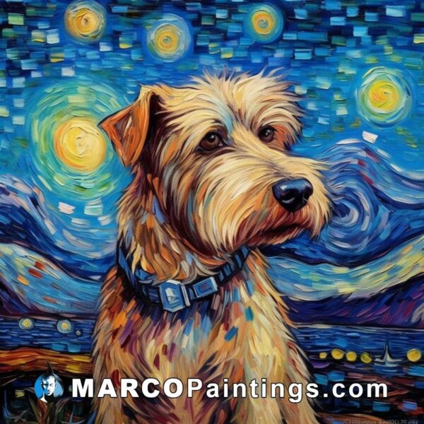 A painting of a dog with a starry sky