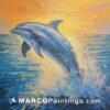 A painting of a dolphin jumping for air on ocean background