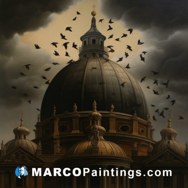 A painting of a dome with flying birds