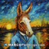A painting of a donkey in blue with a starry night sky