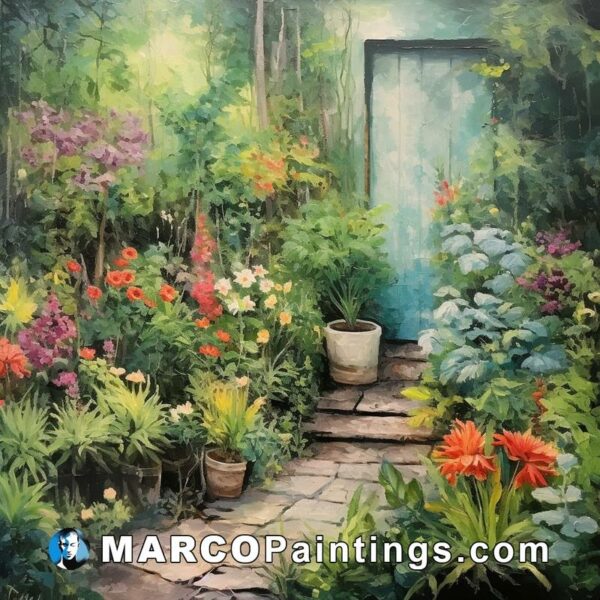 A painting of a door into a garden filled with flowers