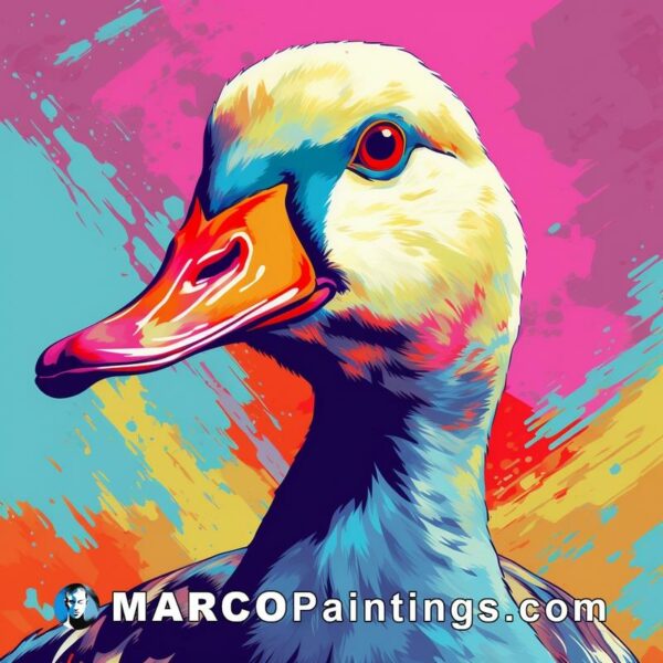 A painting of a duck on some colorful background