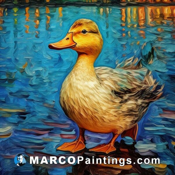 A painting of a duck on the pond