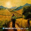 A painting of a farmer walking in a field
