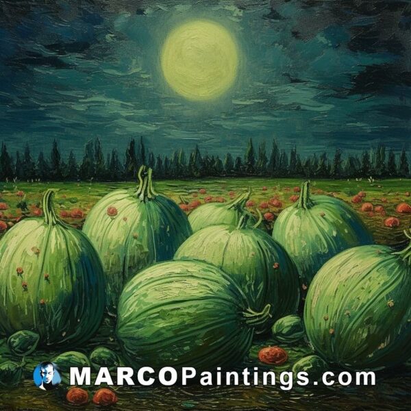 A painting of a field of green pumpkins at night with a moon above the painting