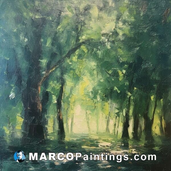 A painting of a forest path with trees and sunlight shining