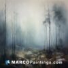 A painting of a forest with trees and fog