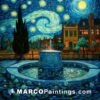 A painting of a fountain and a castle in a starry night