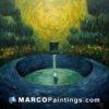 A painting of a fountain with trees and sunlight