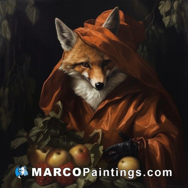A painting of a fox with fruit and apples