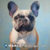A painting of a french bulldog with blue paint