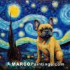 A painting of a french bulldog with star night