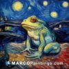 A painting of a frog sitting by a starry night