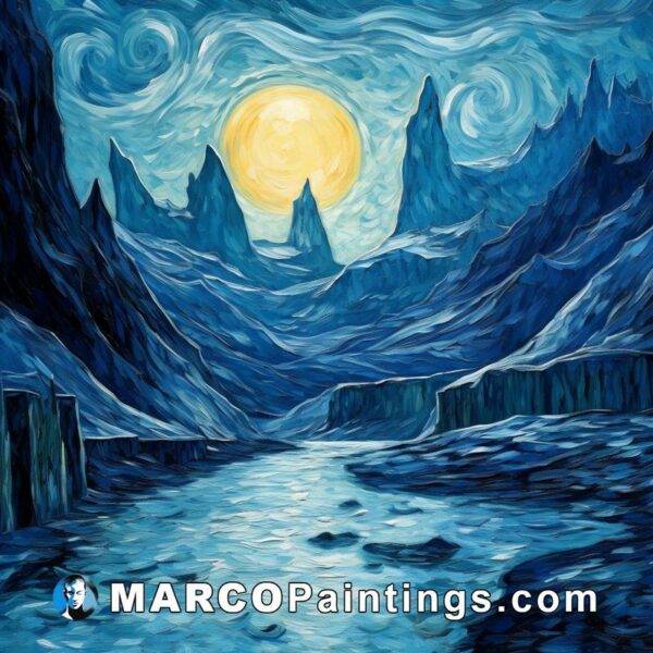 A painting of a frozen river with the moon overhead