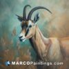 A painting of a gazelle wearing brown horns
