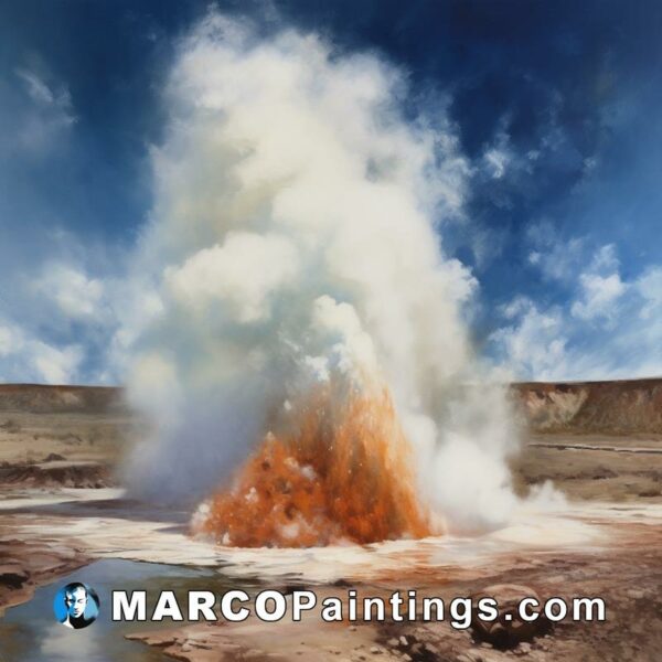 A painting of a geyse erupting out of the ground