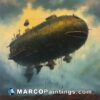 A painting of a giant airship flying through some clouds