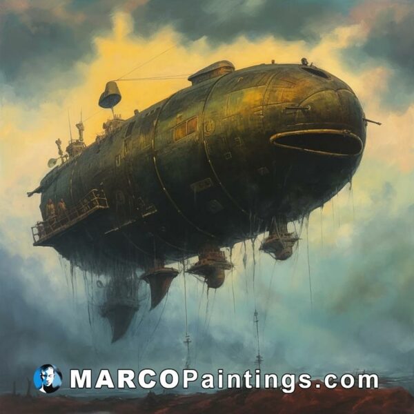 A painting of a giant airship flying through some clouds