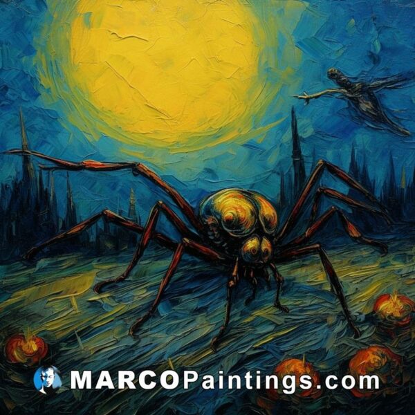 A painting of a giant spider near the moon