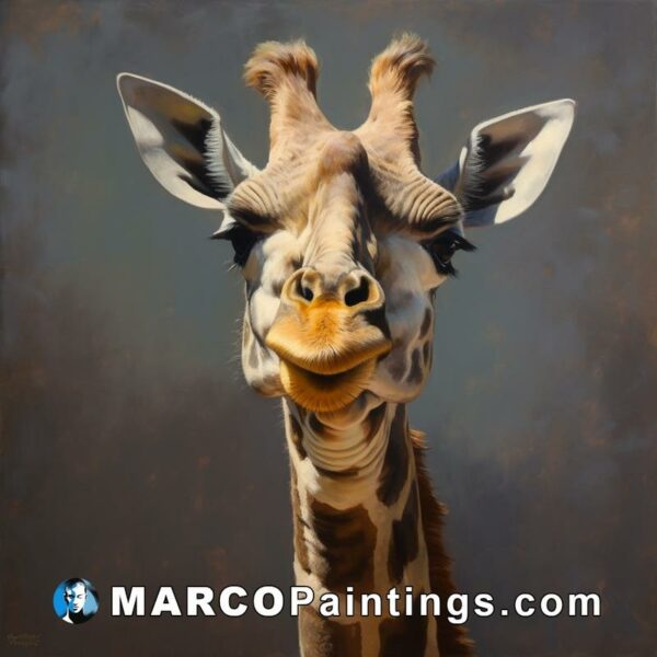 A painting of a giraffe looking up at the camera