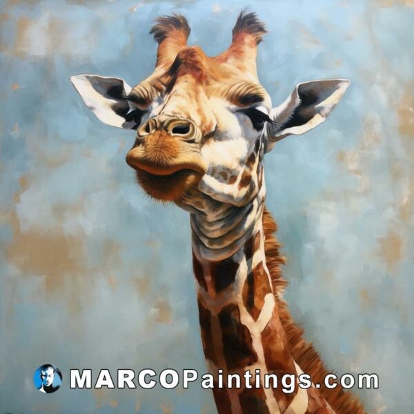 A painting of a giraffe on a blue background