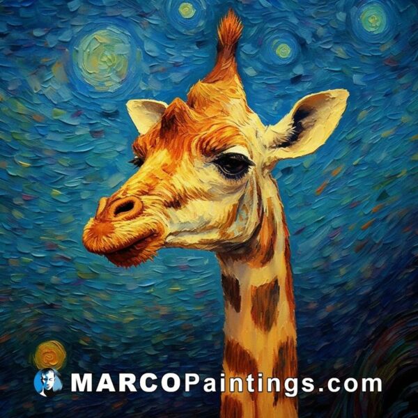 A painting of a giraffe standing in the background of stars
