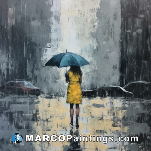 A painting of a girl holding an umbrella in a rainy street